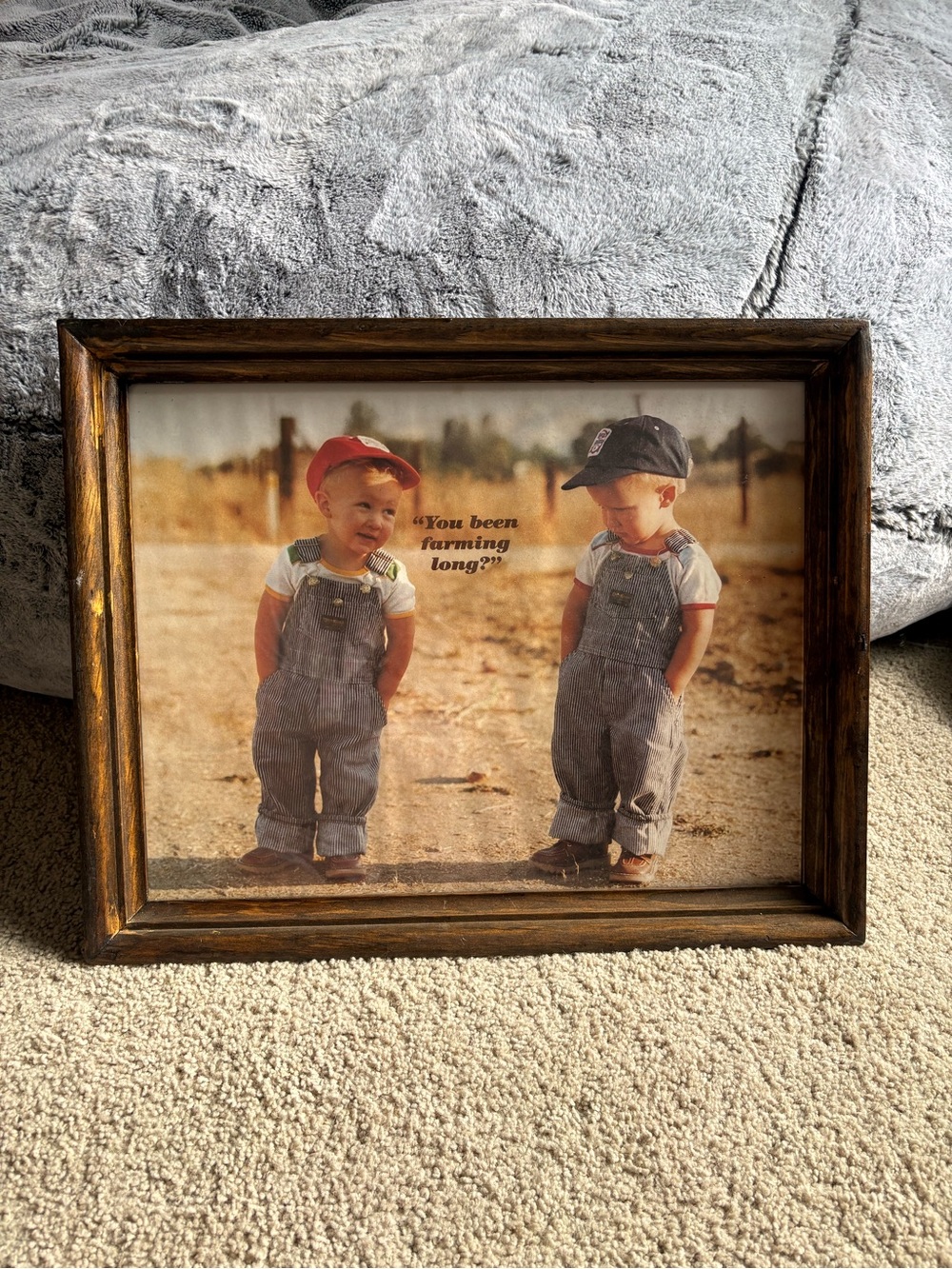 20 x 16 inch vintage wooden framed “you been farming long” picture